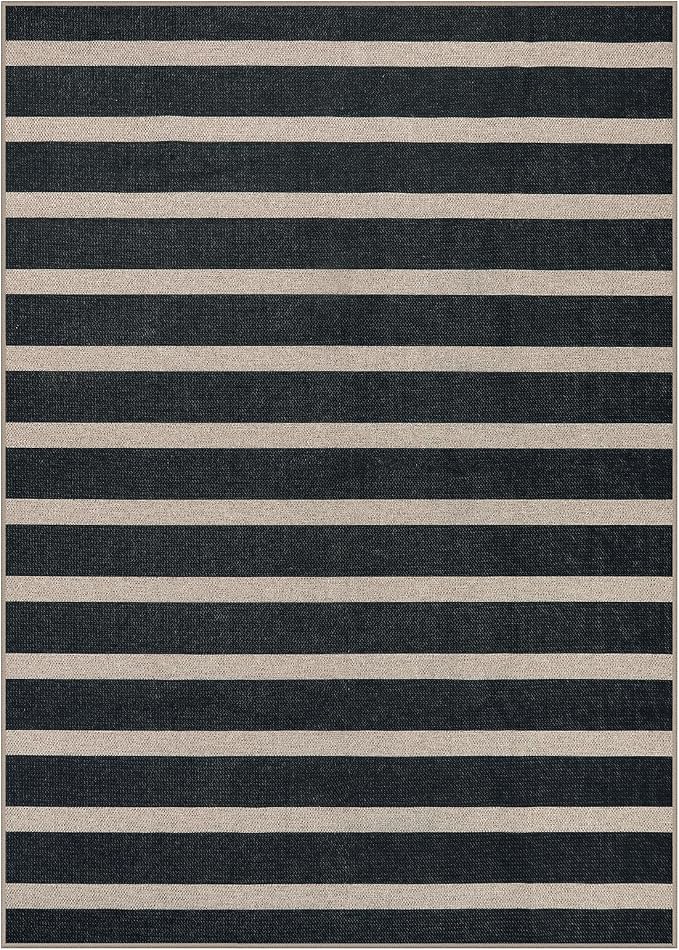 Lahome Striped Easy Jute Outdoor Patio Rug, 5x7 Living Room Washable Rugs | Dining Room Area Rug Black, Modern Farmhouse Neutral Non Slip Non Shedding Carpet for Porch Deck Classroom Entryway Office