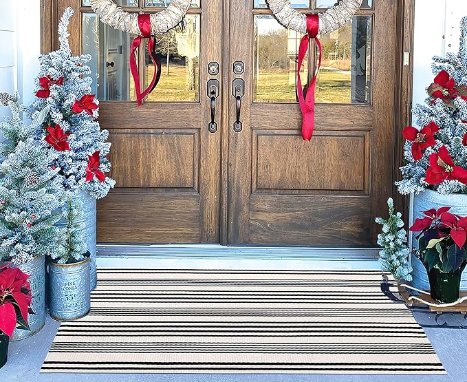 Black and White Striped Outdoor Rug 24'' x 51''Farmhouse Front Porch Rug Hand-Woven Machine Washable Layered Door Mats for Entryway/Bedroom/Patio/Porch Decor