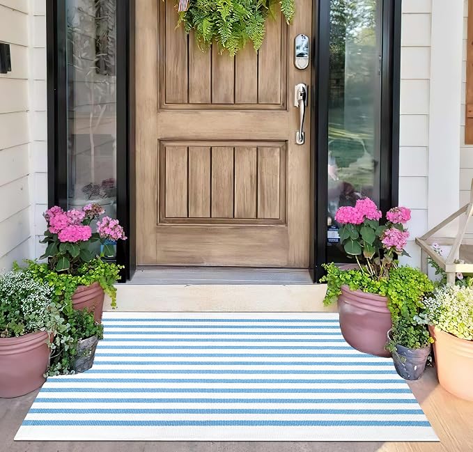 Front Outdoor Door Mat 2'x3',Light Blue Striped Outdoor Rug Machine Washable Cotton Layered Door Mat Entryway Throw Rug for Indoor Entrance