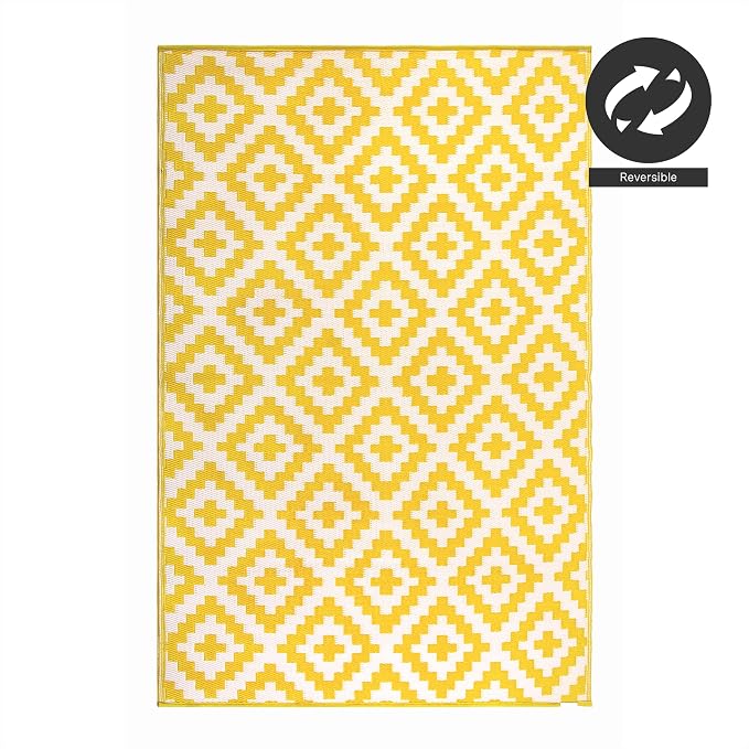 FH Home Outdoor Rug - Waterproof, Fade Resistant, Reversible - Premium Recycled Plastic - Geometric - Patio, Porch, Deck, Balcony - Aztec - Yellow & White Crease Free - 5 x 8 ft
