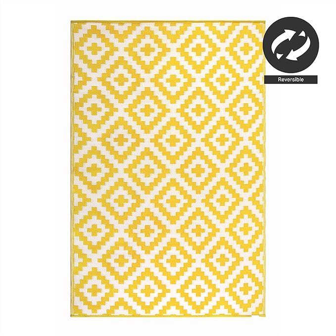 FH Home Outdoor Rug - Waterproof, Fade Resistant, Reversible - Premium Recycled Plastic - Geometric - Large Patio, Deck, Sunroom, Camping, RV - Aztec - Yellow & White Crease Free - 6 x 9 ft