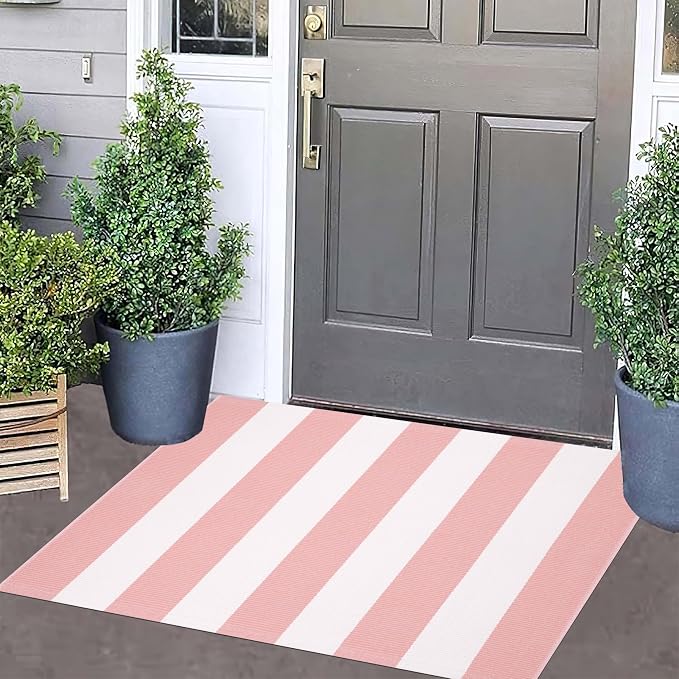 Front Outdoor Door Mat 2'x3',Pink Striped Outdoor Rug Machine Washable Cotton Layered Door Mat Entryway Throw Rug for Indoor Entrance