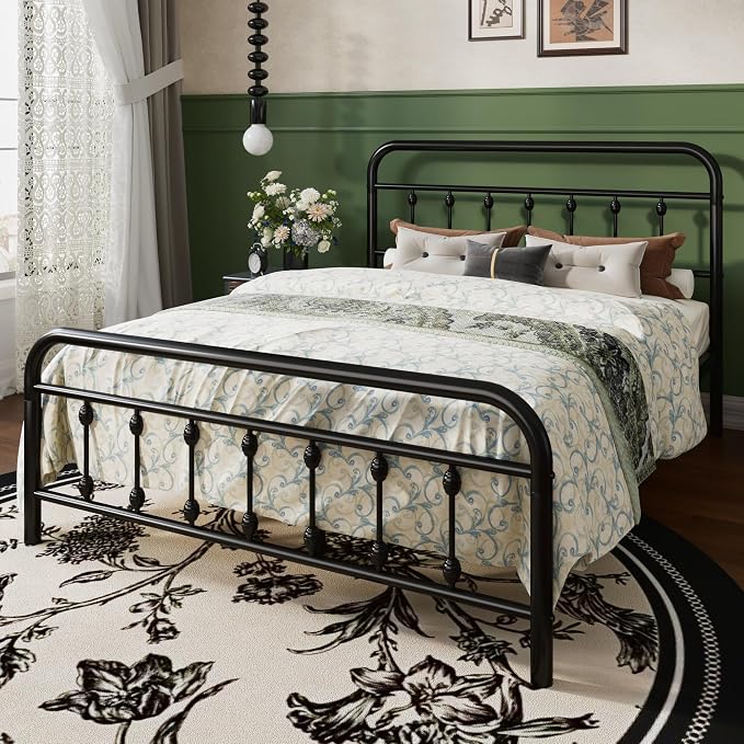 SHA CERLIN Queen Metal Bed Frame with Victorian Iron-Art Headboard, Black | Victorian Iron-Art Headboard and Footboard, Easy Assembly, Under Bed Storage, No Box Spring Required