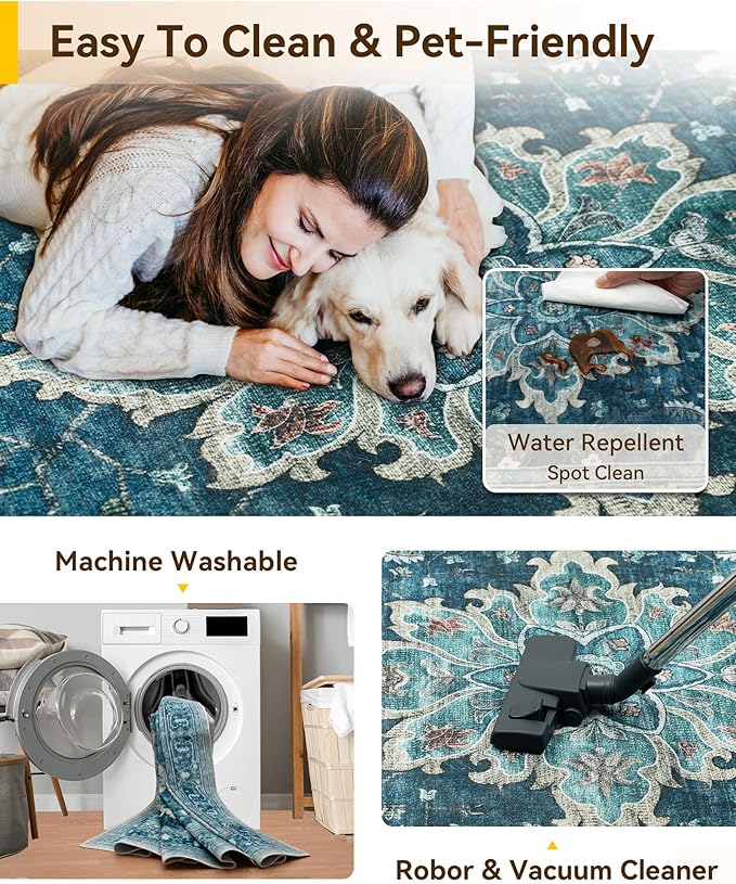 Area Rugs 6ft Washable Non-Slip, Floral Vintage Distress Print Pattern Medallion Carpet for Living Room Bedroom Dining Room, Teal Green Lake Blue Turquoise
