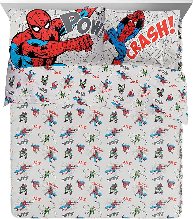 Marvel Spiderman Queen Comforter Set 7 Piece Bedding for Boys, Grey | Bed in a Bag, Comforter Sheets Shams Pillowcases, Official Product, Soft Microfiber, Machine Washable Easy Care, Boys Gift