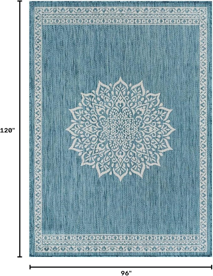 CAMILSON Outdoor Rug 8x10 Medallion Aqua Modern Area Rugs for Indoor and Outdoor Patios Kitchen and Hallway Mats Washable Porch Deck Outside Carpet (Medallion Aqua 8 x 10)