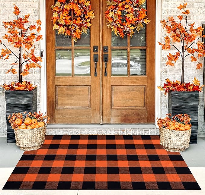 3'x5' Outdoor Rug,Orange and Black Buffalo Plaid Front Porch Rug Farmhouse Cotton Washable Front Door Mat Outdoor for Hallween Mat,Fall,Bedroom,Entryway,Patio