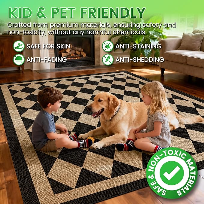 Washable Checkered Easy Jute Rug 5x7, Black Checkerboard Geometric Modern Outdoor Indoor Patio Large Rugs, Woven Thin Carpet Mat for Living Dining Room Bedroom Classroom Kids Nursery Play Room