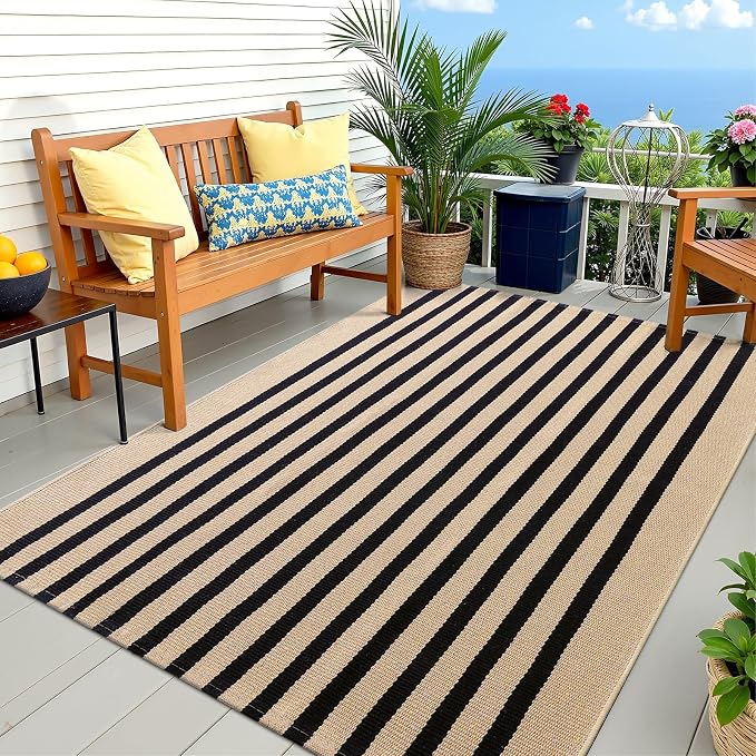 OLANLY Brown and Black Striped Rug 4' x 6' – Washable Cotton Doormat for Indoor Outdoor Use, Layered Front Porch Rug for Entryway, Kitchen, Patio