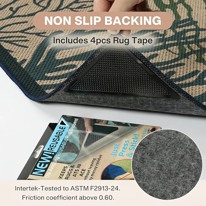 Tribesigns 5x7 Blue Green Coastal Easy Jute Area Rug for Living Room | Washable, Non-Slip Ocean Animal Design for Bedroom, Dining Room, Patio, Backyard and Beach House Decor, Includes 4 Rug Tapes