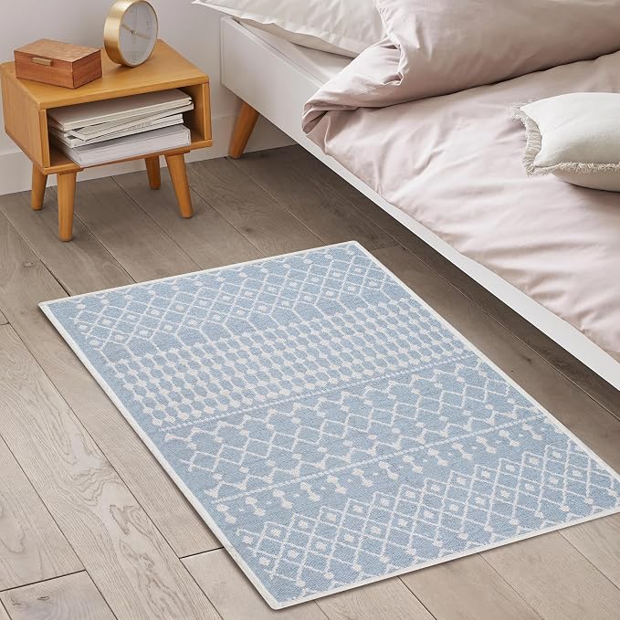 THE BEER VALLEY Moroccan Kitchen Runner Rug 27x45 Inch - Spa Blue | Non Slip Cotton Woven Rugs for Laundry Room, Washable Boho Outdoor Area Runners