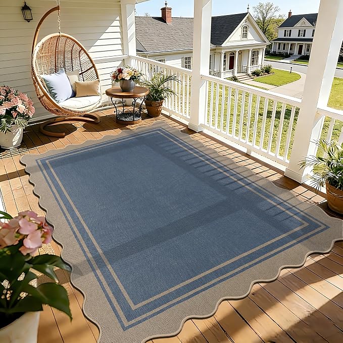 5x7 Scalloped Rug Easy Jute Washable Outdoor Patio Rug for Living Room Indoor Outdoor Blue Geometric Neutral Carpet for Backyard Patio Dining Room