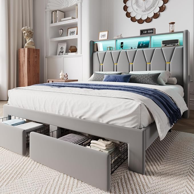 SHA CERLIN Queen Velvet Platform Bed Frame with 2 Storage Drawers, LED Storage Headboard with Charging Station, Upholstered Wingback Headboard, Noise-Free, No Box Spring Needed, Easy Assembly, Grey