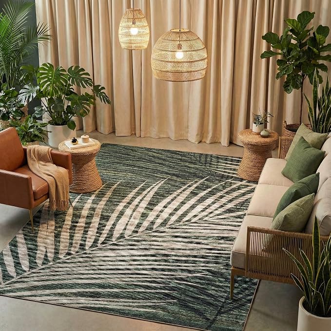 ReaLife Rugs Machine Washable Indoor Outdoor - Mat Rug Foldable Printed Thin Lightweight Cushioned Fade Resistant Patio Deck Dock Porch Pool Balcony Camping - Palm - Green Tan 5' x 7'