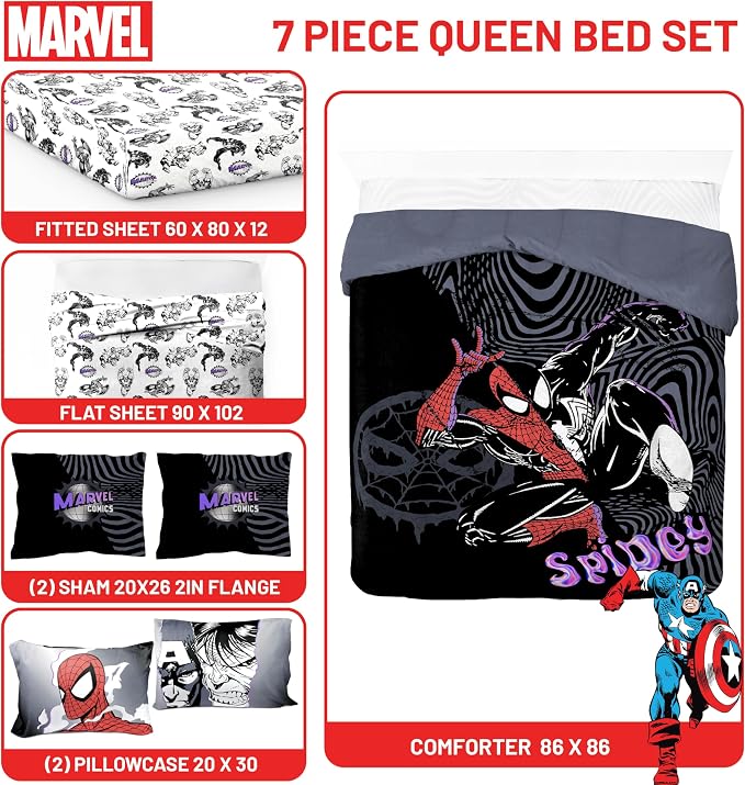 Marvel Comics Spiderman Queen Comforter Set 7 Piece Soft Bedding, Black | Venom, Bed in a Bag, Comforter Sheets Shams Pillowcases, Official Product, Soft Microfiber, Machine Washable, Boys Gift