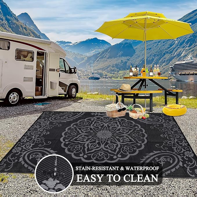 Pauwer Outdoor Rug 6x9, Waterproof Plastic Camping Rug, Boho Black Grey | Reversible Patio Rug, UV Resistant Indoor Outdoor RV Mat Carpet For Deck, Camper, Porch, Balcony, Backyard, Picnic, Foldable