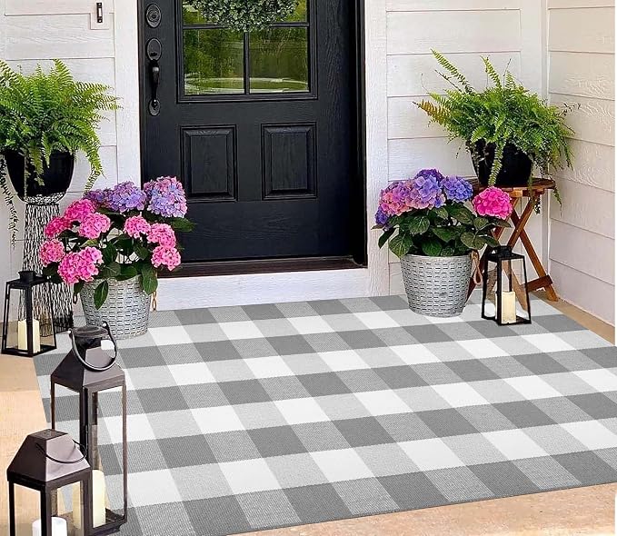 Grey and White Outdoor Rug 3'x5'Buffalo Plaid Checkered Front Porch Rug Machine Washable Farmhouse Front Door Mat Outdoor for Front Hello Welcome Mat,Bedroom,Entryway,Patio
