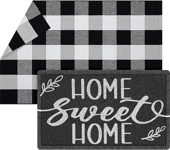 Geelin 2 Pcs 30'' x 18'' Doormat 43'' x 27.5'' Black and White Layered Rug for Front Door Mat Outside Entrance Welcome Door Mats for Indoor Outdoor Entryway Porch Decor(Home Sweet Home)