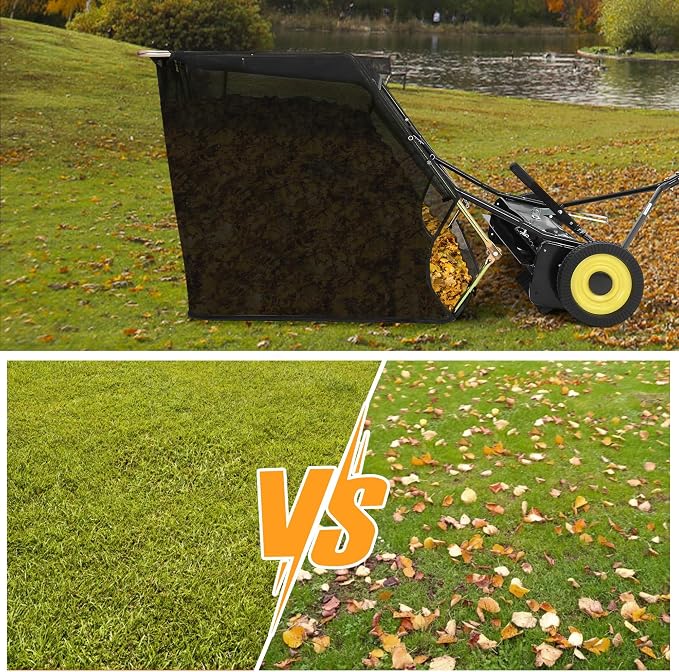 52-Inch Pull Behind Lawn Sweeper, Tow Behind Leaf & Grass Sweeper with Adjustable Brush Height, Large 26 Cu.ft. Hopper Bag, Folding Yard Sweeper for Lawn Tractor, Leaves, Grass Clippings & Debris