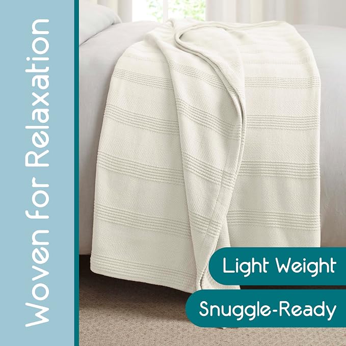 Vellux 100% Cotton Blanket, Twin, 66x90, Ivory | Soft, Breathable Knit, Lightweight, All Season, Machine Washable, Oeko-Tex Certified, Hotel Quality