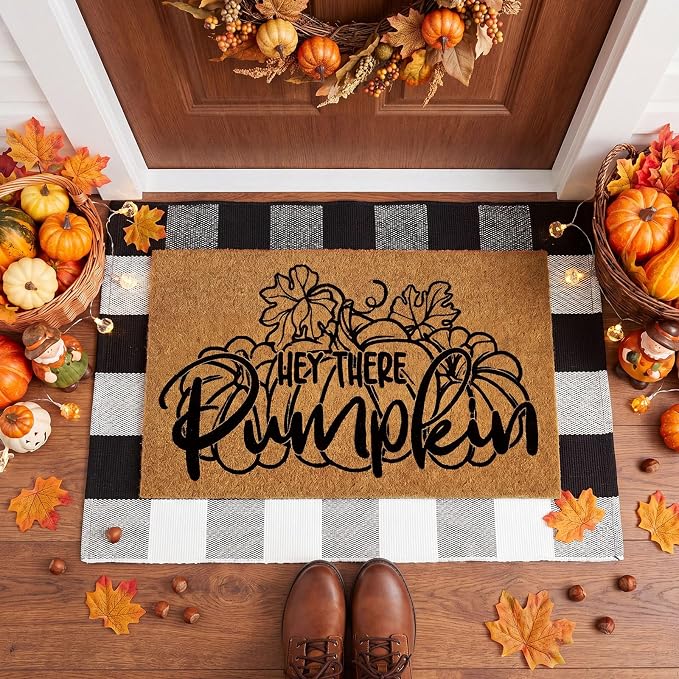 Moucuny 2 Pcs Fall Coir Welcome Doormat Outdoor 16'' x 28'' Hey There Pumpkin Coir Welcome Mat Layered 24'' x 35'' Black and White Plaid Rug Set for Fall Autumn Front Porch Entryway Entrance Decor
