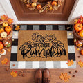 Moucuny 2 Pcs Fall Coir Welcome Doormat Outdoor 16'' x 28'' Hey There Pumpkin Coir Welcome Mat Layered 24'' x 35'' Black and White Plaid Rug Set for Fall Autumn Front Porch Entryway Entrance Decor