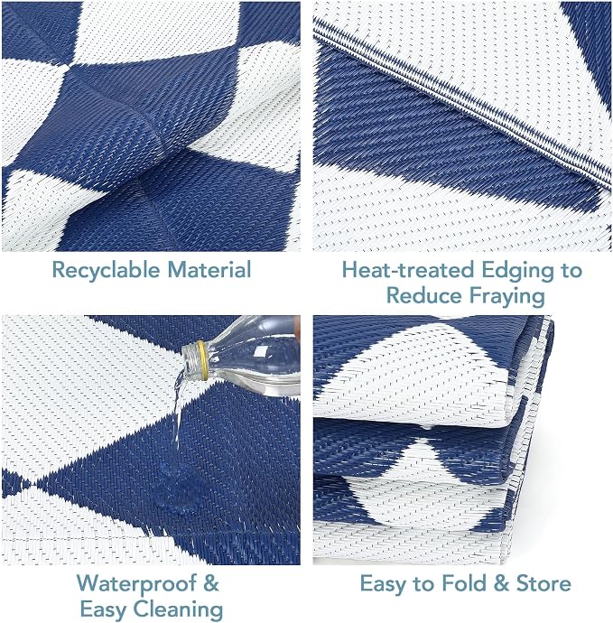 GarveeLife 9x18 Outdoor Rug for Patio Reversible, Plastic Straw Rug Waterproof Camping Rug Portable, Foldable Lightweight Mat for RV, Patio, Backyard, Deck, Picnic, Beach (Dark Blue/White)