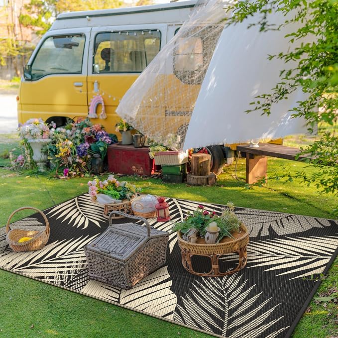 GENIMO Outdoor Rug, Waterproof Plastic Rugs for Patio, 8'x10' Black Beige | Outside Larger Leaf Carpet Mat for Porch Decor, Deck, Balcony, Camping, RV, Backyard, Picnic, Beach, Reversible, Foldable