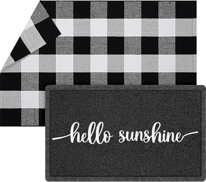 Geelin 2 Pcs 30'' x 18'' Doormat 43'' x 27.5'' Black and White Layered Rug for Front Door Mat Outside Entrance Welcome Door Mats for Indoor Outdoor Entryway Porch Decor(Hello Sunshine)