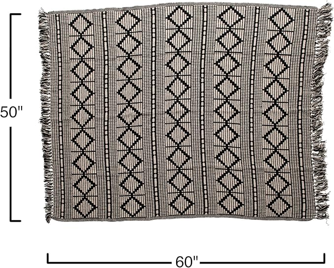 Bloomingville Soft Reclaimed Cotton Blend Throw with Diamond Pattern and Fringe, Black and Beige
