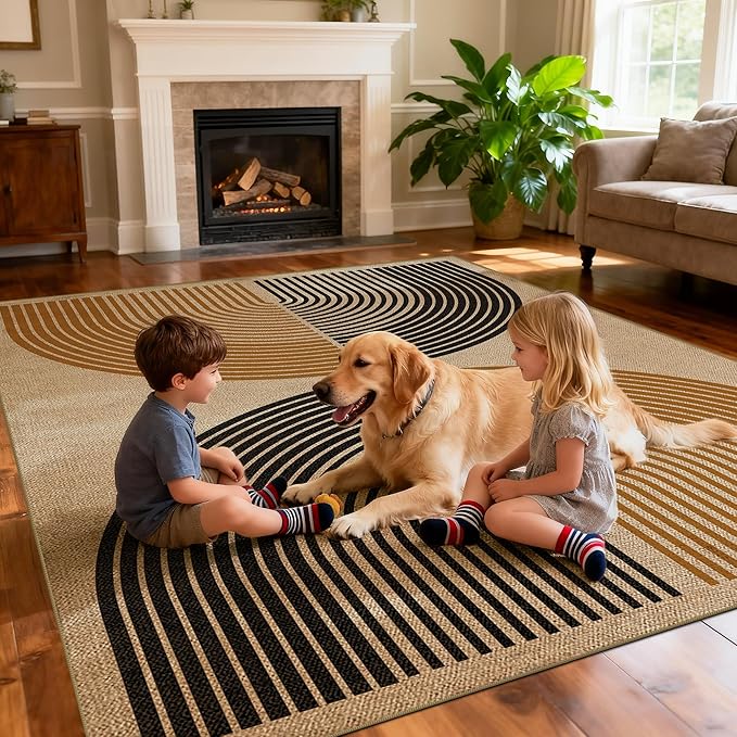 Washable Rainbow Easy Jute Rug 8x10, Neutral Geometric Modern Outdoor Indoor Patio Farmhouse Large Rugs, Woven Non Slip Thin Carpet for Living Dining Play Room Bedroom Classroom Kids Nursery
