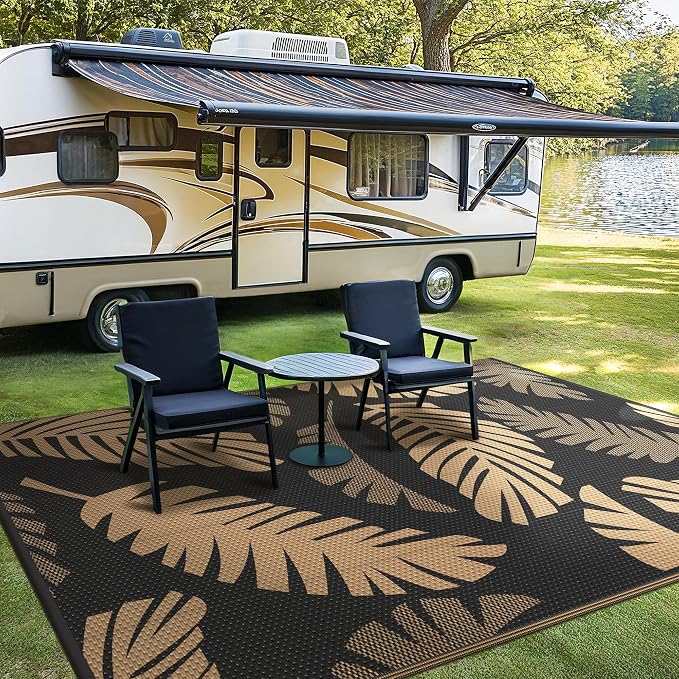 GENIMO Outdoor Rug, Waterproof Plastic Rugs for Patio, 8'x10' Black Brown | Outside Larger Leaf Carpet Mat for Porch Decor, Deck, Balcony, Camping, RV, Backyard, Picnic, Beach, Reversible, Foldable