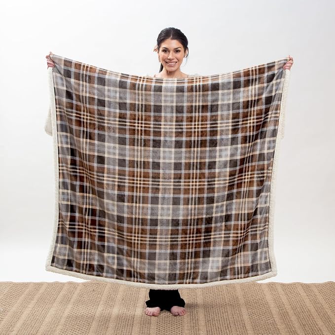 Carstens, Inc. Ultra Premium Super Soft Plush Sherpa Fleece Oversized Throw Blanket 54" x 68", Gray Chestnut Plaid
