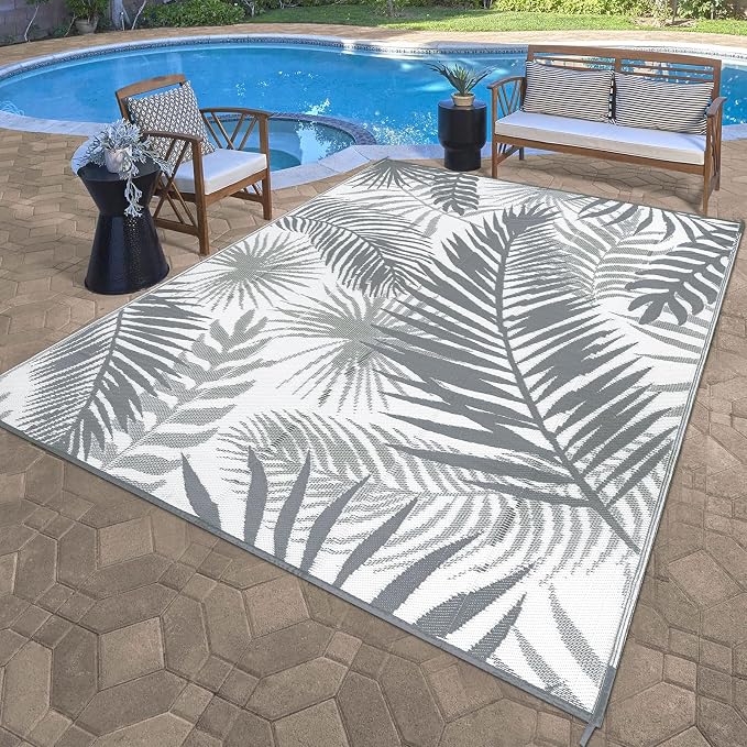 Outdoor Rug 10'x8' Waterproof for Patios Clearance, Reversible Outdoor Plastic Straw Rug Camping Carpet, Outside Floor Mats Large Area Rugs for RV,Patio,Deck,Porch,Beach,Balcony,Grey&White
