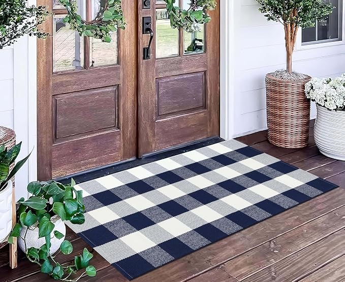 Blue and White Outdoor Rug 24''x 51''Buffalo Plaid Checkered Front Porch Rug Woven Machine Washable Farmhouse Door Mats Outdoor for Hello/Welcome Mat,Entryway,Bedroom,Patio