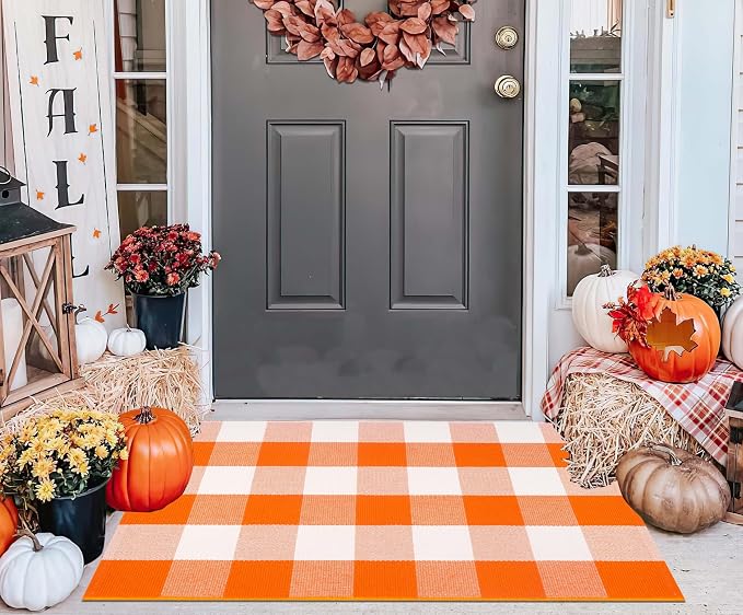 Cotton Buffalo Plaid Outdoor Rug 24'' x 35'' Orange and White Layered Doormat,Halloween Front Door Mat Outdoor,Farmhoue Woven Washable Checkered Rug for Porch, Entryway, Farmhouse, Autumn, Halloween