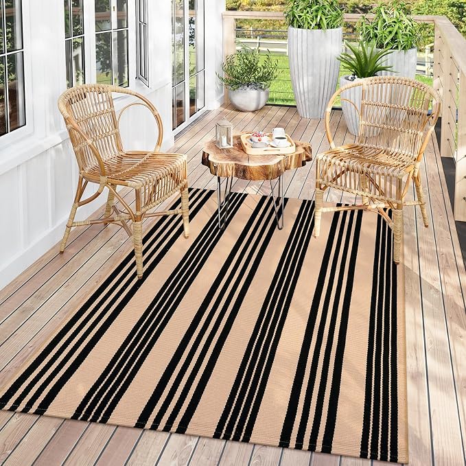LEEVAN 4'X6' Black and Tan Striped Woven Cotton Reversible Outdoor Rug | Machine Washable Front Porch Rug, Entryway Door Mat, Indoor Layering Carpet for Balcony Farmhouse Laundry Patio