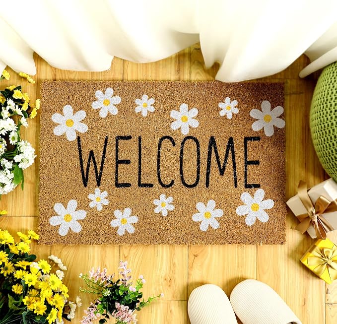Ceenna Spring Daisy Welcome Doormat Outdoor Spring Flower Coir Door mat with Non Slip Backing White Daisy Flower Front Door Mat Front Porch Rugs for Home Entrance, 16 x 28 Inches