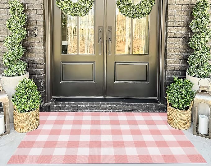Pink Area Rug 3x5 for Entryway, Checkered Porch Rug, Cotton Washable Throw Rug for Beside Girls' Bedroom, Classroom Kitchen Front Door Indoor Outdoor Entrance