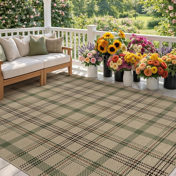 JTJ Easy Jute Area Rug 5x7, Washable Indoor Outdoor Plaid Rug for Living Room, Bedroom, Porch, Farmhouse Non Slip Beige & Sage Green Carpet