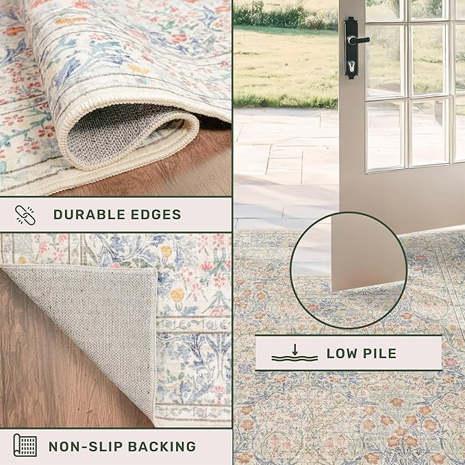 Vintage Beige Blue 3x12 Runner Rug for Hallway, Kitchen, Bathroom, Entryway Indoor, Washable Non Slip Rubber Backing Stain Resistant - Botanical Home Decor