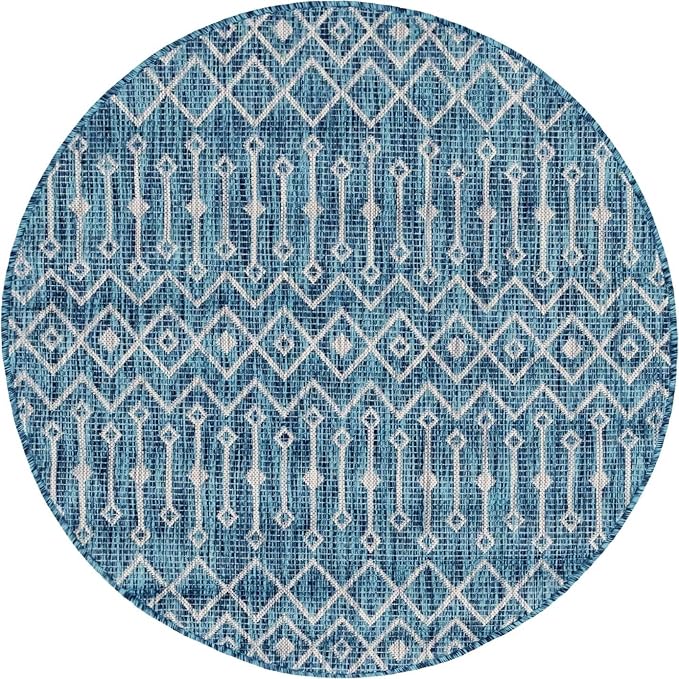 Unique Loom Outdoor Trellis Collection Area Rug - Tribal Trellis (5' 3" Round, Teal/ Ivory)