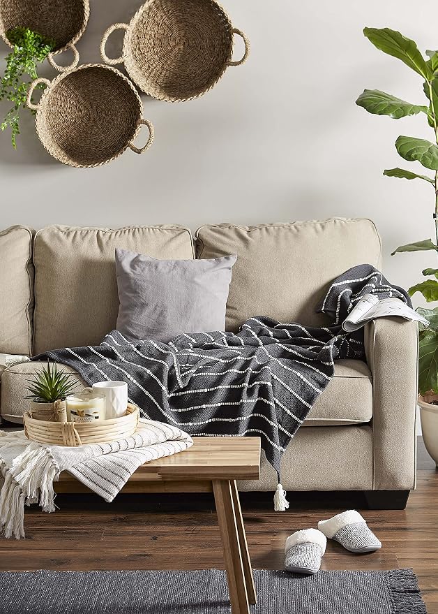 DII Striped Throw Collection Cotton Slub, Hand-Tied Tassels, 50x60, Mineral Gray & Off-White