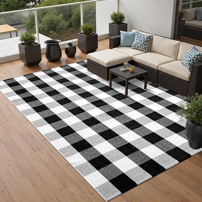 joybest Buffalo Plaid Rug 5 x 7 ft Black and White Checkered Area Rug Cotton Hand-Woven Indoor Outdoor Rugs Carpet for Patio, Living Room, Dining Room, Bedroom