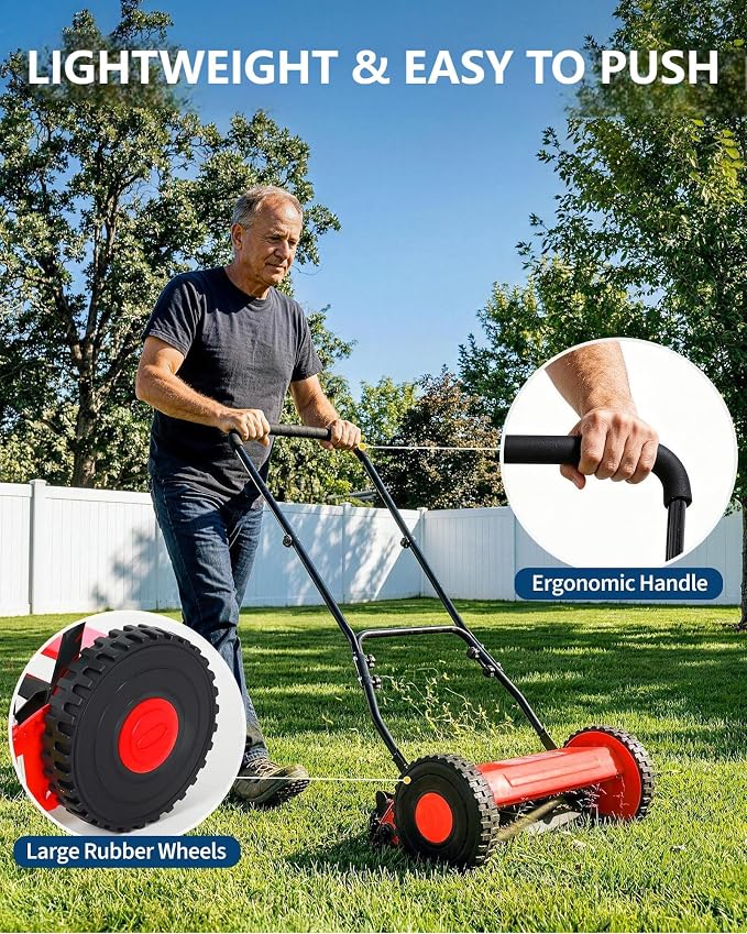PeakPursuit Manual Push Reel Lawn Mower – 14-Inch 5-Blade, Adjustable Cutting Height, Lightweight, Quiet Operation, Compact Storage, Easy Assembly, Perfect for Small to Medium Yards – Red