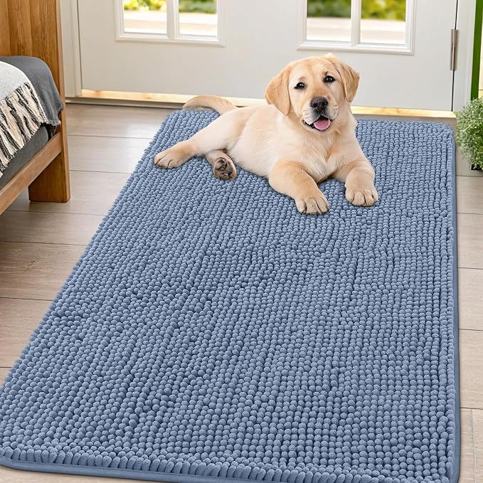 Smiry Dog Door Mat for Muddy Paws 54x32, Absorbent Dirt Trapper, Non-Slip Washable Chenille Entryway Rug for Inside Floor, Airy Blue, Classic Solid