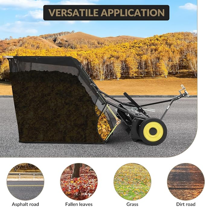 52" Heavy Duty Tow Behind Lawn Sweeper - 26 Cu.ft Hopper, Adjustable Sweeping Height, Pull Behind Yard Sweeper for Leaves, Grass & Debris, Compatible with Riding Mowers, Tractors, ATVs, Black