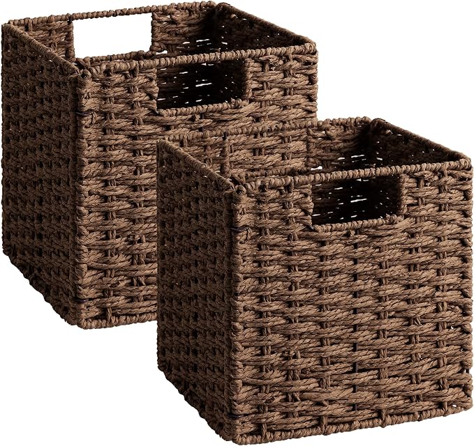 StorageWorks 9 inch Cube Storage Bins,Wicker Baskets for Storage,Brown | 2-Pack,Handwoven Wicker Storage Cubes,Paper Rope Square Cube Organizer Bins,Foldable,Baskets for Organizing,9x9 Storage Cube