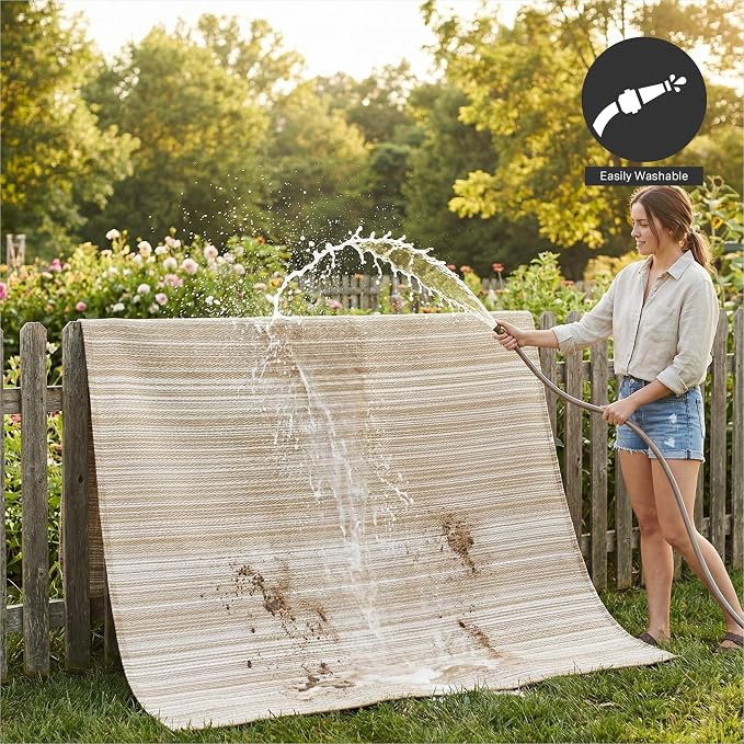 FH Home Outdoor Camping Rug - Waterproof, Fade Resistant, Reversible - Premium Recycled Plastic - Striped - Large Patio, Deck, Sunroom, RV - Havana - Beige - 9 x 12 ft Foldable