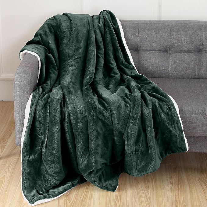 Elegant Comfort Throw Blanket, Reversible Sherpa Flannel, Ultra-Soft, Fuzzy, Cozy and Plush- All Season Lightweight Decorative Throw, 50 x 60 inches, Solid Sherpa Throw, Hunter Green